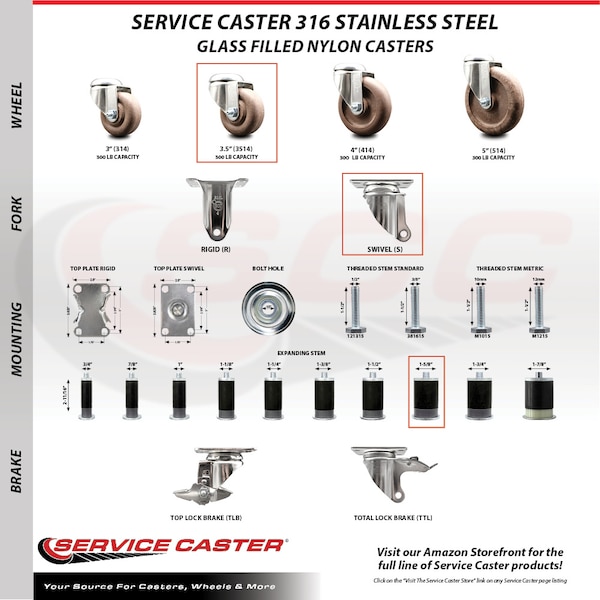 Service Caster 3.5 Inch 316SS High Temp Glass Filled Nylon 1-5/8 Inch Stem Caster Brake, 2PK SS316EX20S3514-GFNSHT-2-TLB-2-158 - main